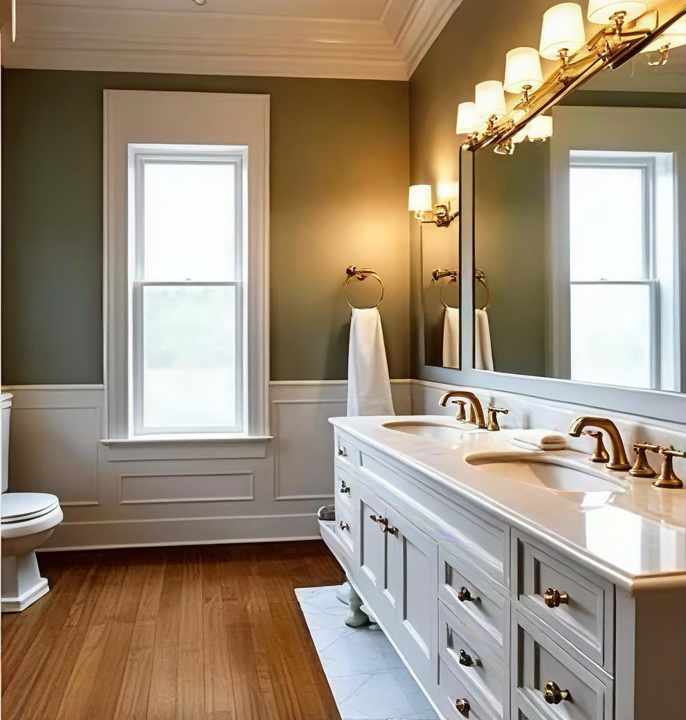 Renovated bathroom with new vanity, tile and lighting after remodeling