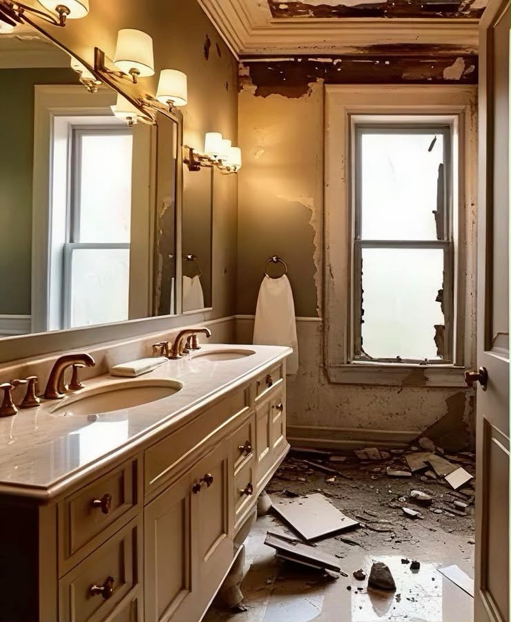 Water-damaged bathroom with dated fixtures before renovation