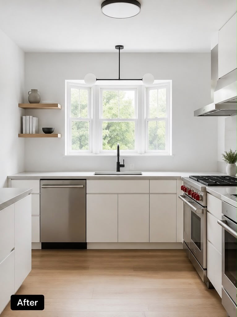 Bright, modern white kitchen after remodeling