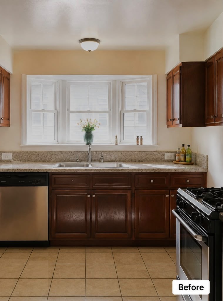 Outdated kitchen with dark wood cabinetry before remodeling