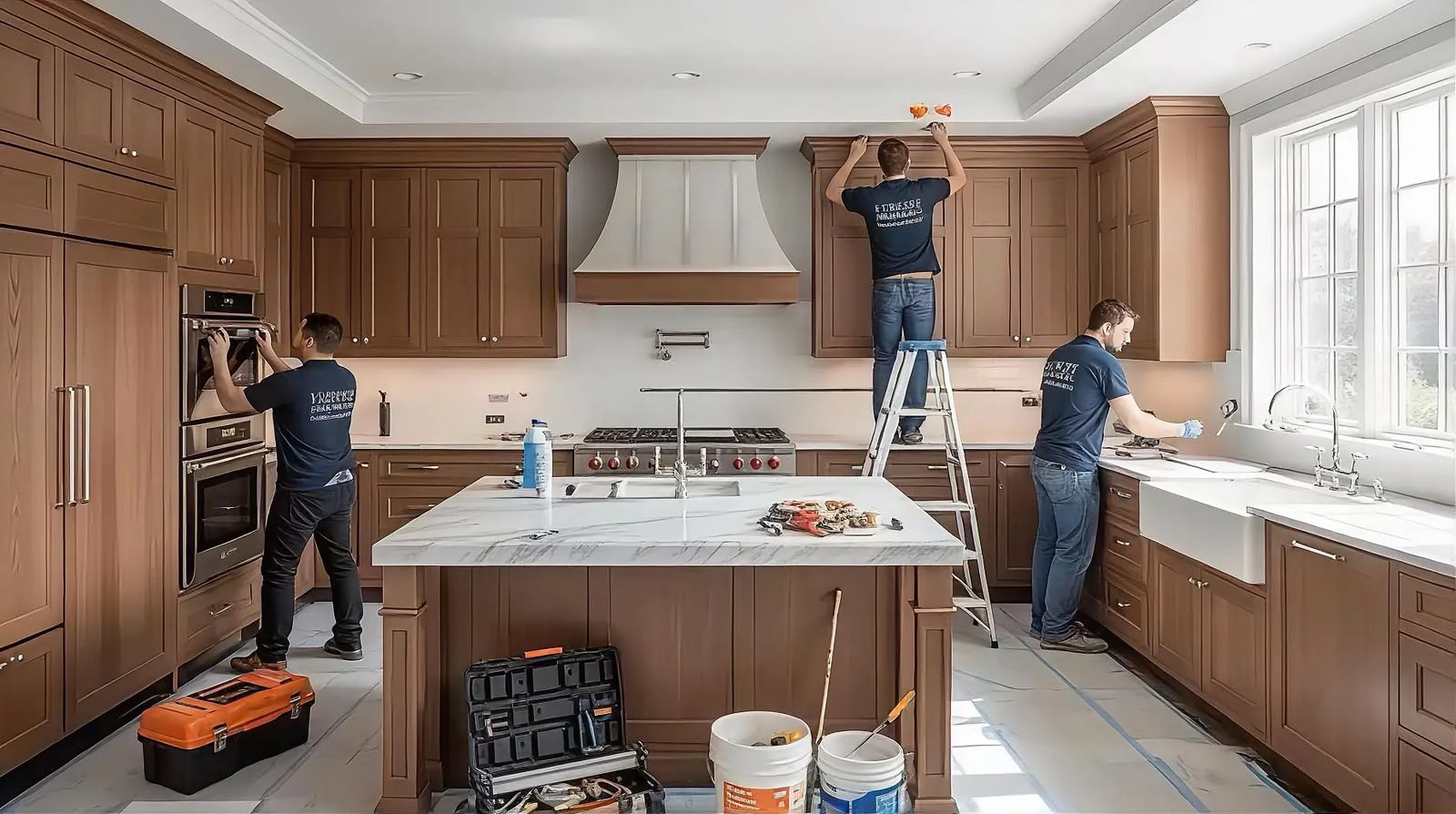 Contractors installing kitchen cabinetry and countertops