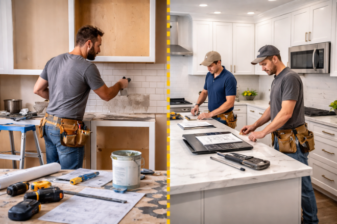 Contractor finishing the backsplash and kitchen island during renovation