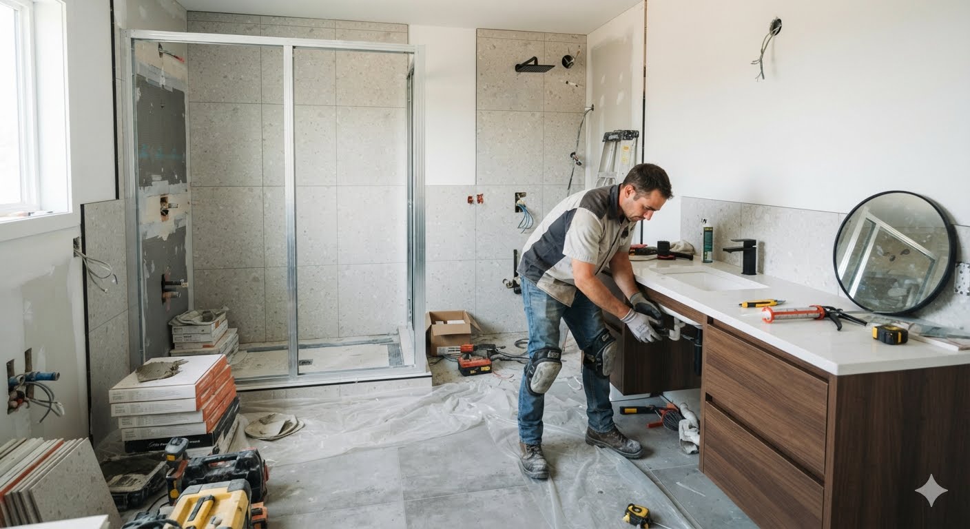 Bathroom under renovation with new tile and fixtures