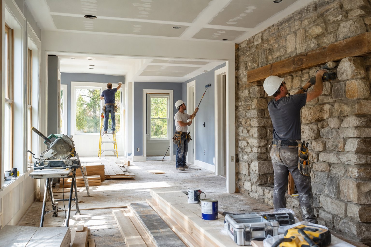 Contractors renovating the interior of a home